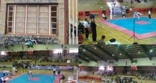 وضعیت بغرنج سالن ورزشی ۲۰۰۰ نفره شهید محمد آبدرم سقز، در هنگام اجرای مسابقات تکواندو آزاد انتخابی استانی