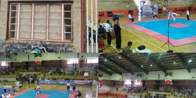 وضعیت بغرنج سالن ورزشی ۲۰۰۰ نفره شهید محمد آبدرم سقز، در هنگام اجرای مسابقات تکواندو آزاد انتخابی استانی